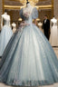Blue Shiny Tulle Long Prom Dress with Sequins, A Line Short Sleeve Prom Dresses