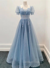 Blue Shiny Tulle Short Sleeves Long Formal Dresses, Blue A-line Prom Dresses