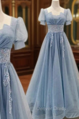 Blue Shiny Tulle Short Sleeves Long Formal Dresses, Blue A-line Prom Dresses