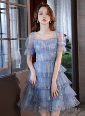 Blue Short Layers Tulle Formal Dress, Blue Off Shoulder Homecoming Dress Party Dress