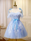 Blue Short Prom Dress, Puffy Cute Blue Homecoming Dresses with Lace