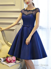 Blue Short Satin V Back Knee Length Homecoming Dress, Lovely Formal Dress