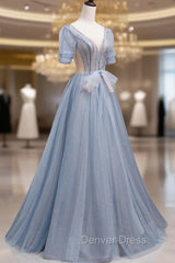 Blue Short Sleeve Tulle Floor Length Prom Dresses with Beaded, Blue A-Line Evening Dresses