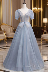 Blue Short Sleeve Tulle Floor Length Prom Dresses with Beaded