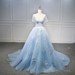 Blue Short Sleeves Lace Applique Organza Tulle Party Dress, Round Neckline Blue Sweet 16 Gown Formal Dress