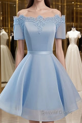 Blue Short Sleeves Lace-up Organza Bow Prom Dresses, Homecoming Dresses