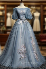 Blue Short Sleeves Long Tulle with Flower Applique Party Dresses, Blue Sweet 16 Dresses