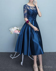 Blue Short Sleeves Tea Length Formal Dress, Blue Bridesmaid Dresses, Wedding Party Dresses