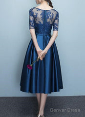 Blue Short Sleeves Tea Length Formal Dress, Blue Bridesmaid Dresses, Wedding Party Dresses