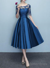 Blue Short Sleeves Tea Length Formal Dress, Blue Bridesmaid Dresses, Wedding Party Dresses
