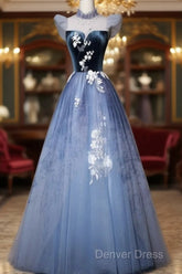 Blue Short Sleeves Tulle With Lace Long Party Dresses, Blue Formal Gowns