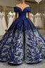 Blue Silver Ball Gown Sequins Appliques Prom Dresses