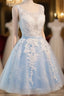 Blue Simple Tulle Homecoming Dress Lace Applique, Baby Blue Sash Backless A Line Knee Length Prom Dresses