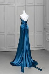 Blue Soft Satin Long Prom Dresses With Leg Slit, Blue Evening Dresses Formal Dresses