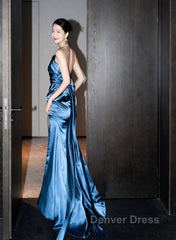 Blue Soft Satin Long Prom Dresses With Leg Slit, Blue Evening Dresses Formal Dresses