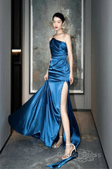 Blue Soft Satin Long Prom Dresses With Leg Slit, Blue Evening Dresses Formal Dresses