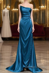 Blue Soft Satin Long Prom Dresses With Leg Slit, Blue Evening Dresses Formal Dresses