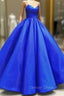 Blue Spaghetti Satin Long Prom Dresses, A Line Prom Gowns