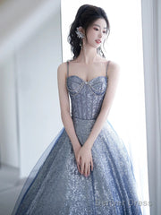Blue Spaghetti Strap Gradient Sequins Long Prom Dress, Beautiful Sweetheart Neck Evening Party Dress