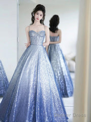 Blue Spaghetti Strap Gradient Sequins Long Prom Dress, Beautiful Sweetheart Neck Evening Party Dress