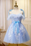 Blue Spaghetti Strap Lace Short Prom Dress, Lovely A Line Homecoming Dresses