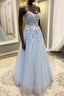 Blue Spaghetti Strap Tulle Appliques Prom Dresses