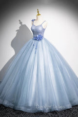 Blue Spaghetti Strap Tulle Floor Length Prom Dresses, Pretty A-Line Evening Party Dresses