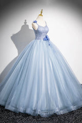 Blue Spaghetti Strap Tulle Floor Length Prom Dresses, Pretty A-Line Evening Party Dresses