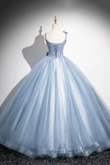 Blue Spaghetti Strap Tulle Floor Length Prom Dresses, Pretty A-Line Evening Party Dresses