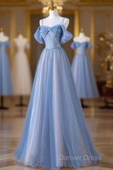 Blue Spaghetti Strap Tulle Long Prom Dresses, Beautiful A-Line Evening Dresses