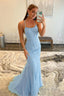 Blue Spaghetti Straps Mermaid Prom Dresses With Appliques