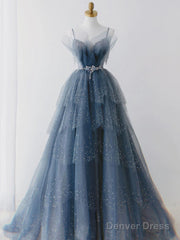 Blue Sparkle Beadedd Tulle Floor Length Party Dress, Blue Junior Prom Dress