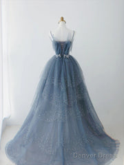 Blue Sparkle Beadedd Tulle Floor Length Party Dress, Blue Junior Prom Dress