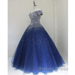 Blue Sparkle Off Shoulder Ball Party Dresses Handmade Beaded Party Dresses Elegant Prom Dresses Evening Dresses