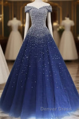 Blue Sparkle Off Shoulder Ball Party Dresses Handmade Beaded Party Dresses Elegant Prom Dresses Evening Dresses