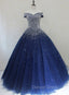 Blue Sparkle Off Shoulder Ball Prom Dress , Handmade Beaded Prom Dresses