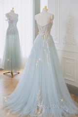 Blue Strapless Lace Formal Prom Dresses, A-Line Tulle Evening Party Dresses