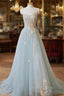 Blue Strapless Lace Prom Dress, A Line Tulle Prom Dresses
