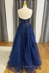 Blue Strapless Lace Long Prom Dresses, A-Line Evening Dresses Party Dresses
