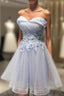 Blue Strapless Tulle Appliques Knee Length Homecoming Dresses