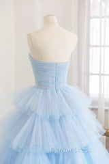Blue Strapless Tulle Layers Long Prom Dresses, A-Line Evening Dresses