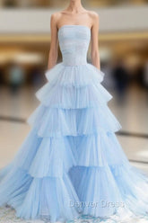 Blue Strapless Tulle Layers Long Prom Dresses, A-Line Evening Dresses