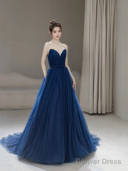 Blue Strapless Tulle Long Prom Dress, Beautiful A-Line Evening Party Dress