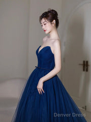 Blue Strapless Tulle Long Prom Dress, Beautiful A-Line Evening Party Dress