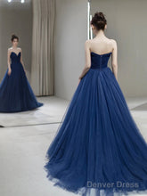 Blue Strapless Tulle Long Prom Dress, Beautiful A-Line Evening Party Dress