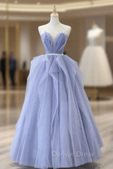 Blue Strapless Tulle Long Prom Dresses, Lovely Sweetheart Neckline Evening Dresses