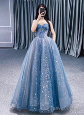 Blue Straps Beaded Tulle A-Line Long Party Dress, Blue Fashionable Prom Dress