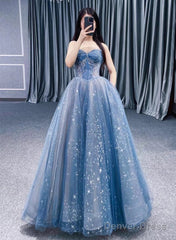 Blue Straps Beaded Tulle A-Line Long Party Dress, Blue Fashionable Prom Dress