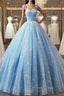 Blue Straps Tulle Floral Long Prom Dress, Blue Prom Dress