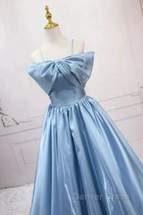 Blue Sweet A-Line Spaghetti Strap Satin Long Prom Dresses Evening Party Dresses